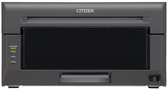 A professional printer with a dark gray exterior and simple design. The front panel features various indicator lights labeled On/Standby, Ribbon, Paper, and Error. The brand name 'Citizen' is displayed prominently at the top.