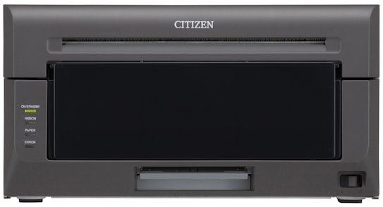 A professional printer with a dark gray exterior and simple design. The front panel features various indicator lights labeled On/Standby, Ribbon, Paper, and Error. The brand name 'Citizen' is displayed prominently at the top.