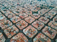 Thermal map showing urban heat island effect over a city block.