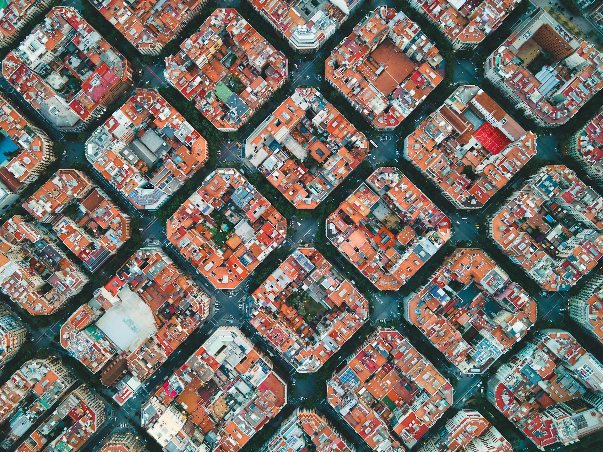 an aerial view of a city with lots of buildings