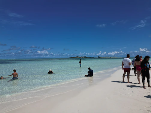 A happy family enjoying a sunny beach with turquoise waters and clear skies.