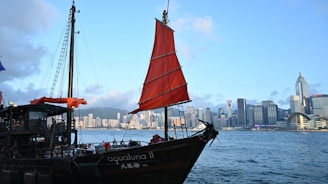 A traditional junk boat with red sails is sailing on a body of water with a modern city skyline in the background. The boat is named 'aqualuna II' and has several people on board. The sky is clear with few clouds, and the water is calm.