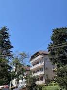 A multi-story residential building with balconies is surrounded by tall, leafy trees. The sky is clear and blue, and power lines crisscross the upper part of the scene. Some signage is visible near the base of the building, indicating a commercial area at street level.