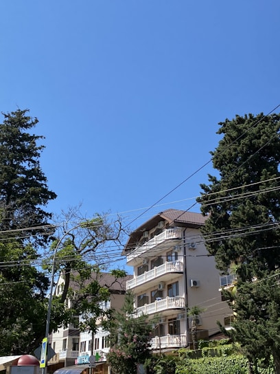 A multi-story residential building with balconies is surrounded by tall, leafy trees. The sky is clear and blue, and power lines crisscross the upper part of the scene. Some signage is visible near the base of the building, indicating a commercial area at street level.