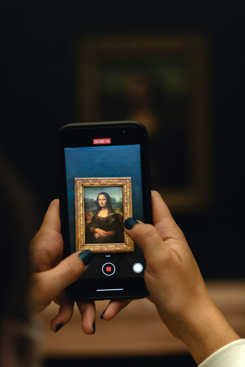 a woman taking a picture of a painting on her phone