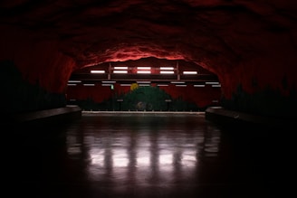 A dimly lit underground station with rocky red cave-like walls and a polished floor surface. Bright fluorescent lights illuminate the platform area, contrasting with the dark ceiling. A painted mural on the far wall depicts greenery and a yellow sun, adding an artistic element to the subterranean setting.