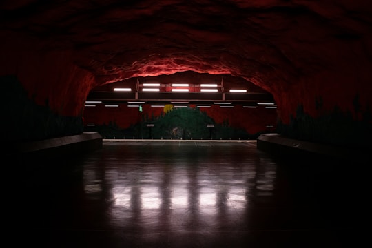 A dimly lit underground station with rocky red cave-like walls and a polished floor surface. Bright fluorescent lights illuminate the platform area, contrasting with the dark ceiling. A painted mural on the far wall depicts greenery and a yellow sun, adding an artistic element to the subterranean setting.