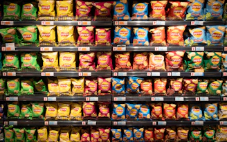 a display in a store filled with lots of chips