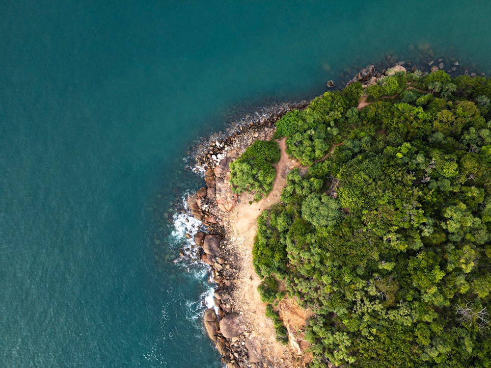 an aerial view of a beach and a body of water