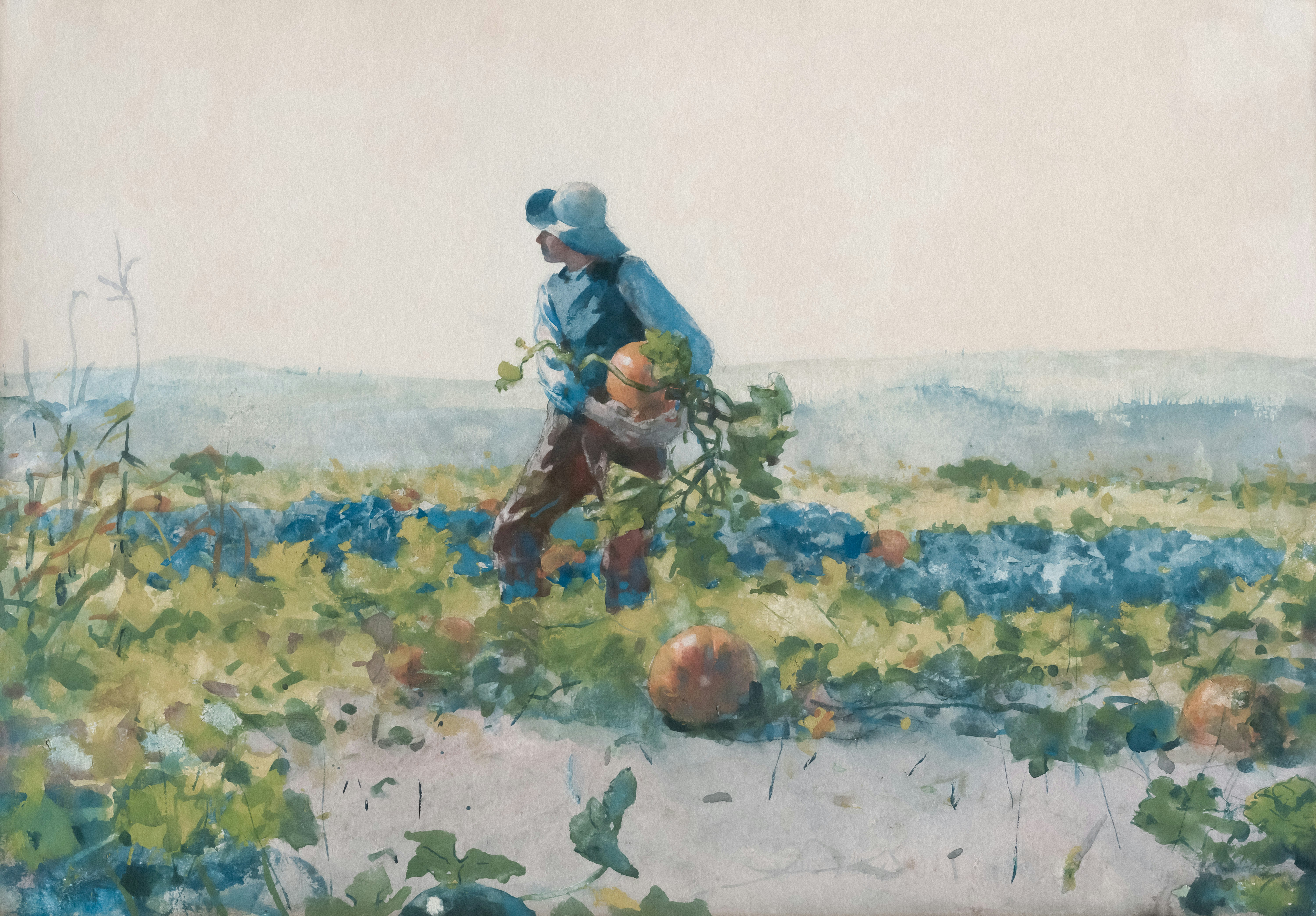 a painting of a man picking vegetables in a field