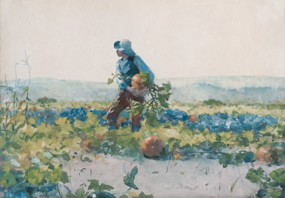 a painting of a man picking vegetables in a field