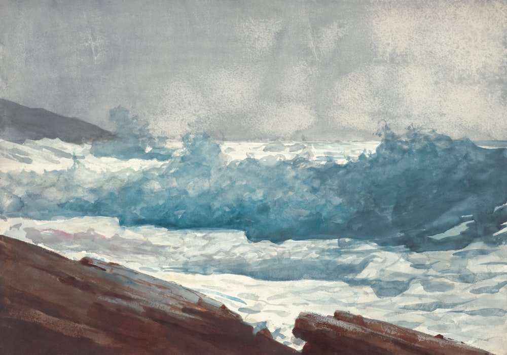 a painting of waves crashing on a rocky beach