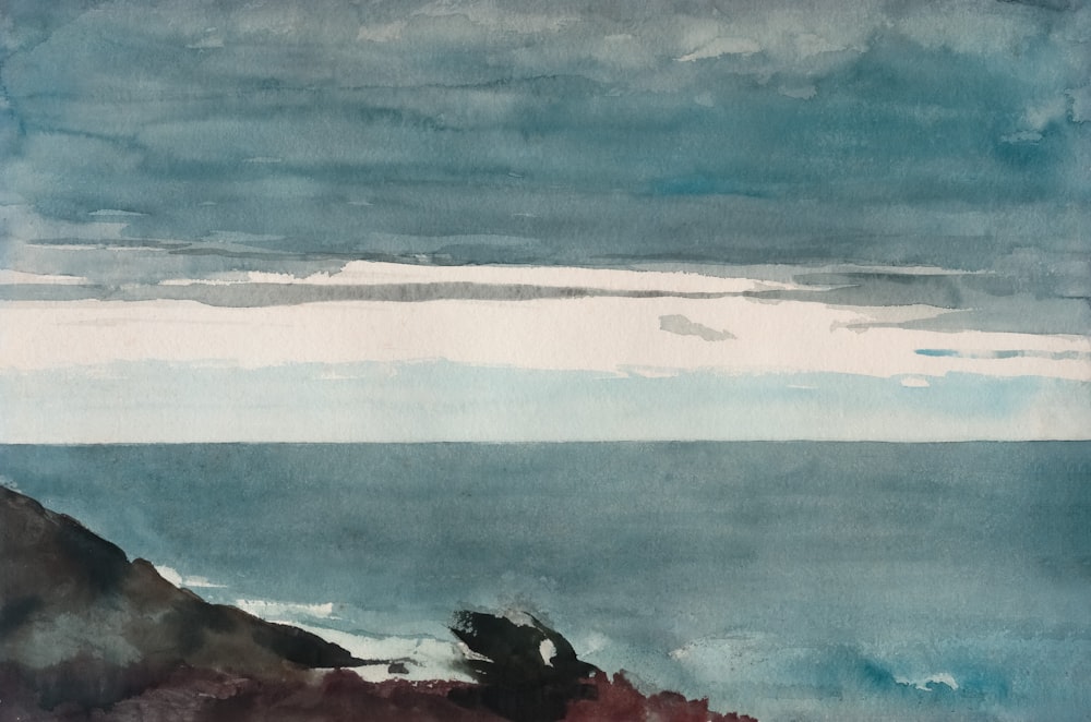 a painting of the ocean with a sky in the background