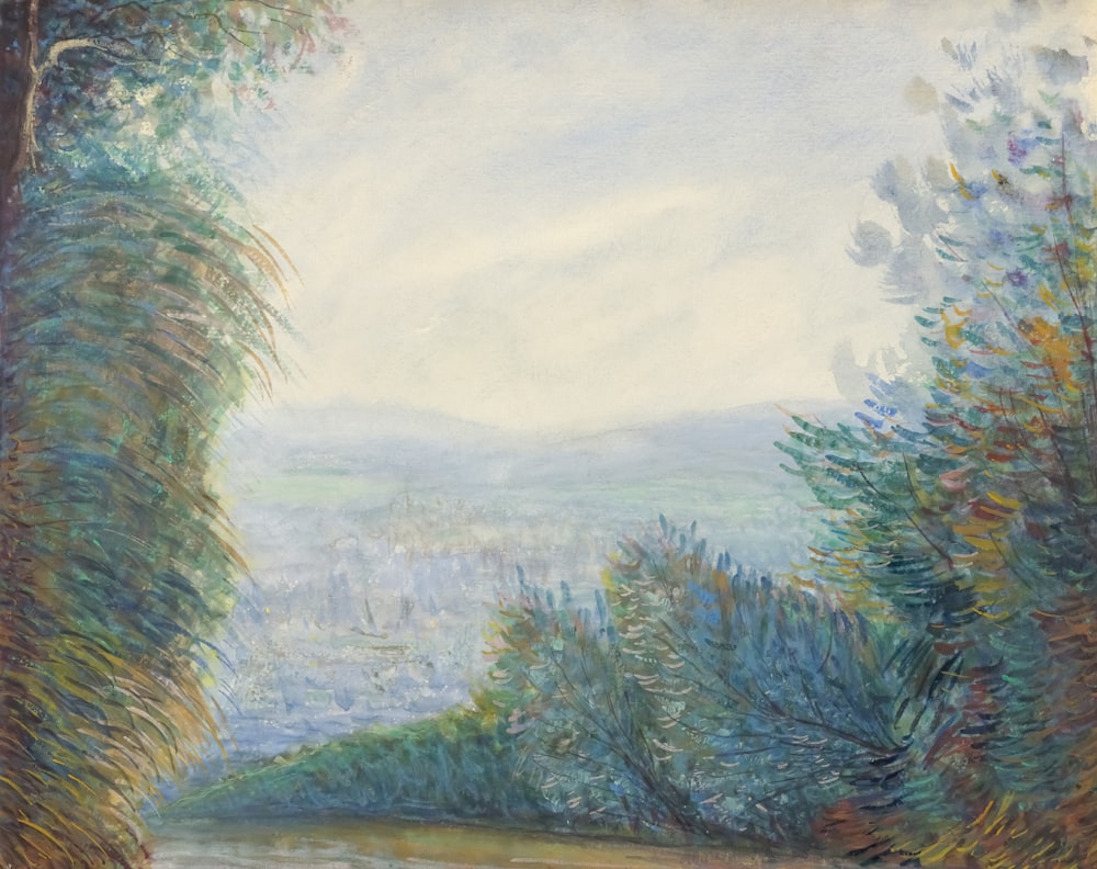 a painting of a river with trees in the background