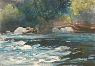 A serene watercolor of a West Virginia river scene.