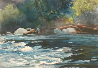 A watercolor painting depicting a serene river scene with flowing water in the foreground. The river is surrounded by rocks and lush trees, with sunlight filtering through the leaves, creating a vibrant and natural atmosphere.