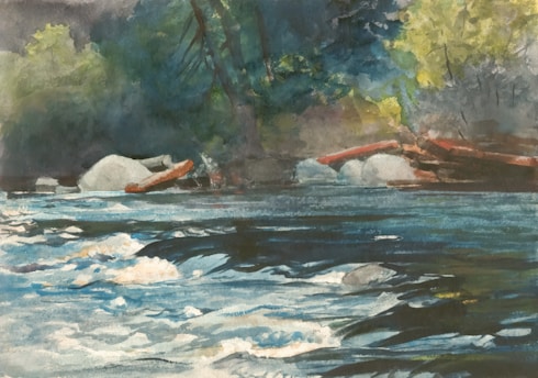 A watercolor painting depicting a serene river scene with flowing water in the foreground. The river is surrounded by rocks and lush trees, with sunlight filtering through the leaves, creating a vibrant and natural atmosphere.