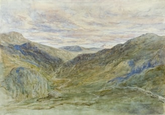 A watercolor painting depicting a expansive, serene mountain landscape with gentle peaks and valleys. The distant horizon features soft, layered clouds across the sky, while the foreground is dominated by diverse shades of greens and browns representing the rocky terrain. The overall mood is peaceful and natural, capturing the beauty and vastness of a rugged outdoor scene.