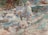 Two figures are engaged in plein air painting beside a flowing river. One artist is seated on a grassy bank with an easel set up, while the other lies prone, working on their canvas. The scene is captured in a watercolor style, with a soft blending of colors.