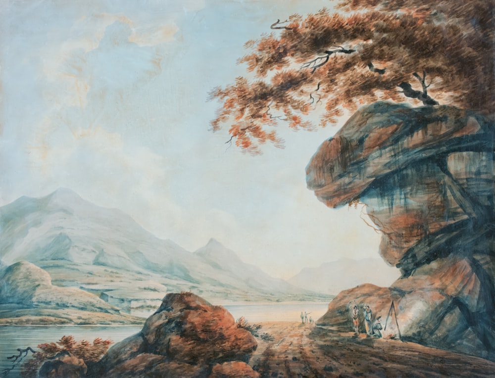 a painting of a rocky landscape with a tree