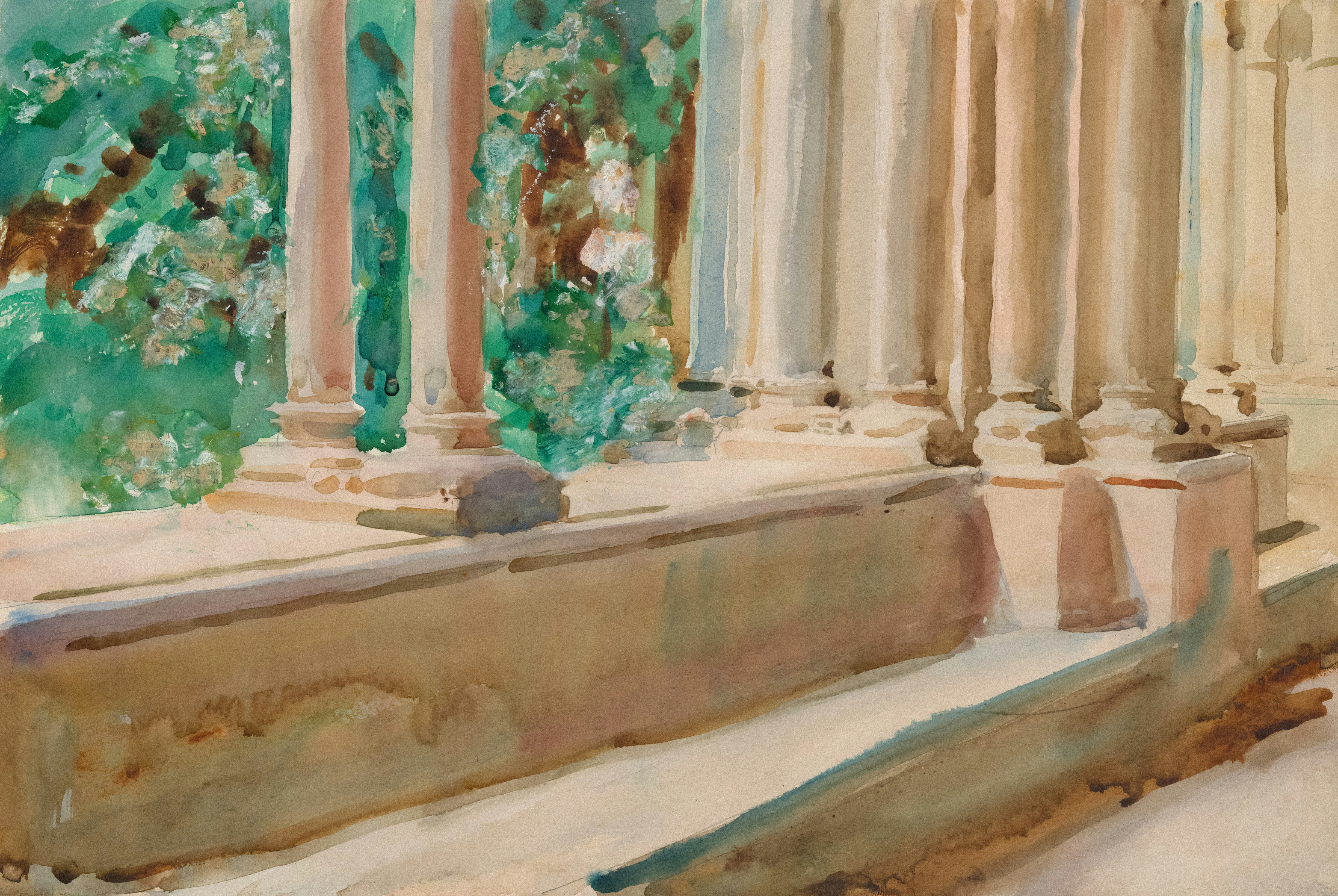 A painting of a building with columns and trees photo – Free Art Image ...