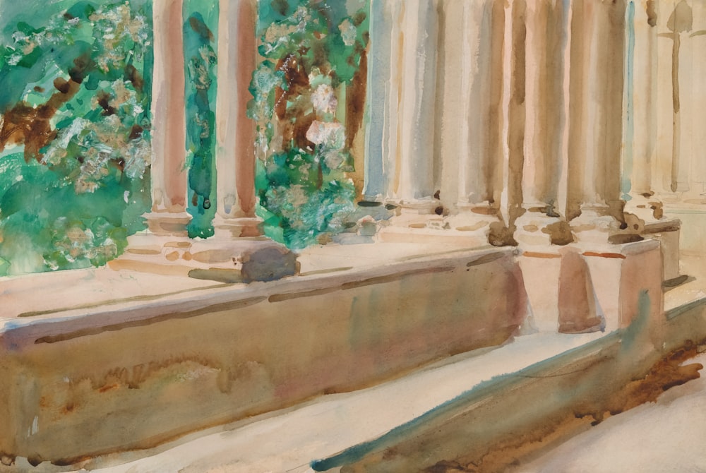 a painting of a building with columns and trees