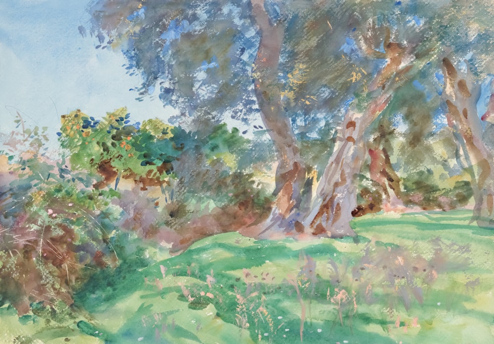 a painting of some trees in a field