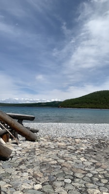 A tranquil shoreline with a pebble-covered beach gently meets a body of water, above which an expansive sky with scattered clouds stretches out. In the foreground, several large logs are stacked on the stones, indicating a natural setting. On the horizon, green hills rise, adding depth to the serene landscape.