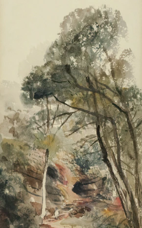 A watercolor print of a moody forest scene with subtle witchy symbols in cool tones.