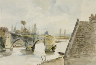 A watercolor painting portrays an old stone bridge with two arches crossing a calm river. On the right, a part of a stone building with a sloped roof is visible. In the background, sparse trees and a flat landscape stretch across the horizon, under a light, cloudy sky.