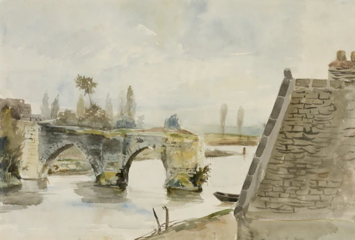 A watercolor painting portrays an old stone bridge with two arches crossing a calm river. On the right, a part of a stone building with a sloped roof is visible. In the background, sparse trees and a flat landscape stretch across the horizon, under a light, cloudy sky.