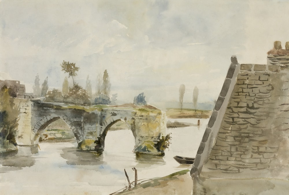 uma pintura de uma ponte sobre um rio
