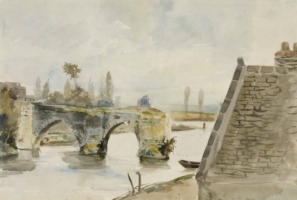 a painting of a bridge over a river