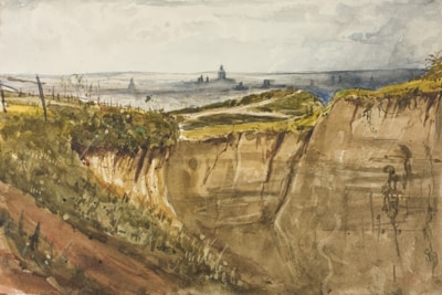 A watercolor landscape depicts a vast, earthy ravine with patches of green vegetation on the top edges. In the distance, there's a subtler view of a city skyline with blurred architectural structures and a dome. The sky is overcast and painted in soft, muted tones.