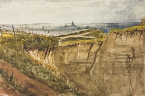 A watercolor landscape depicts a vast, earthy ravine with patches of green vegetation on the top edges. In the distance, there's a subtler view of a city skyline with blurred architectural structures and a dome. The sky is overcast and painted in soft, muted tones.