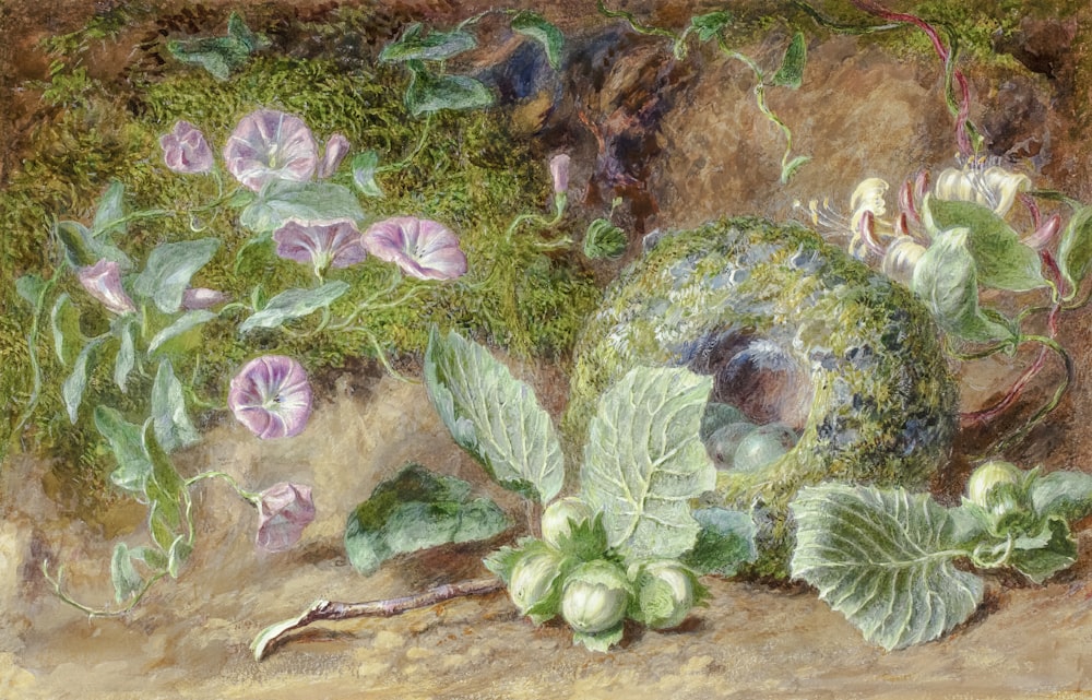 a painting of flowers and plants on a ground