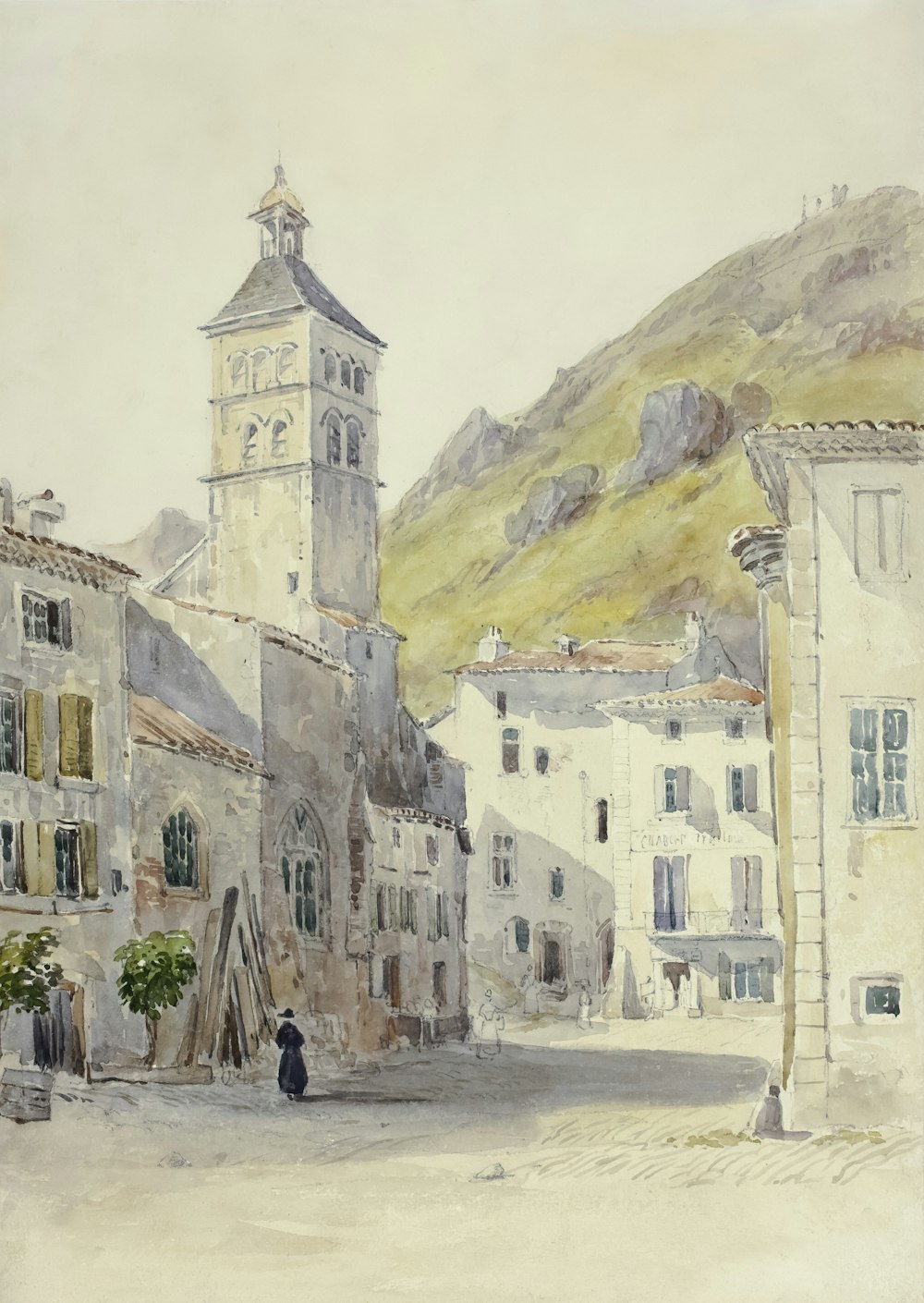 a painting of a town with a clock tower