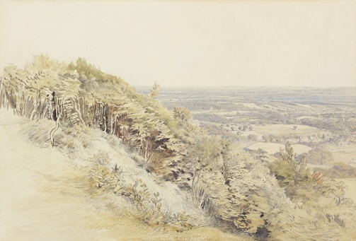 A landscape painting depicting a panoramic view of a countryside, with rolling fields and patches of trees under a pale sky. The foreground features detailed foliage and a path winding through the natural scenery, leading the eye towards a vast expanse of farmland and distant hills.