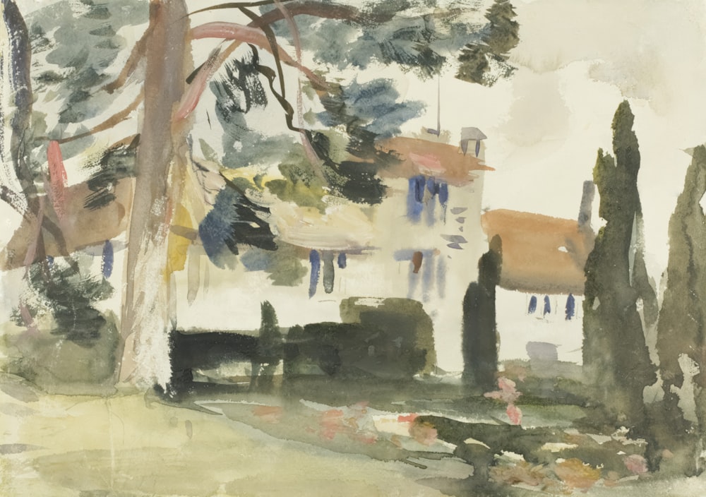uma pintura de uma casa com árvores ao fundo