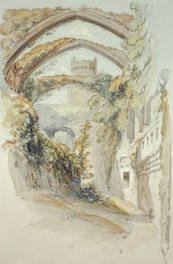 A watercolor painting depicting an ancient, overgrown ruin with arches and walls covered with lush vegetation. The scene conveys a sense of serene abandonment, as natural elements reclaim the architectural structure. In the background, a small part of a tower is visible, adding to the historical ambiance.