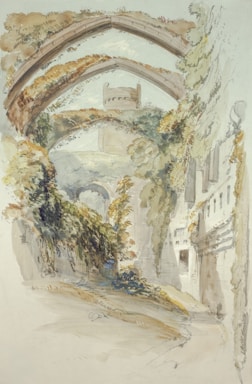 A watercolor painting depicting an ancient, overgrown ruin with arches and walls covered with lush vegetation. The scene conveys a sense of serene abandonment, as natural elements reclaim the architectural structure. In the background, a small part of a tower is visible, adding to the historical ambiance.