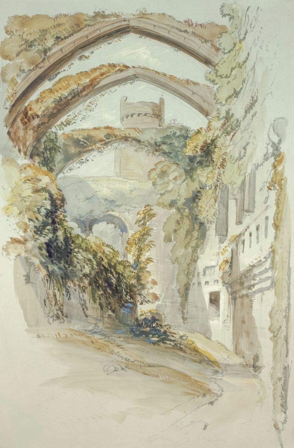 a painting of an archway leading to a castle