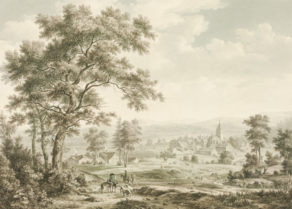 a painting of a landscape with people on horseback