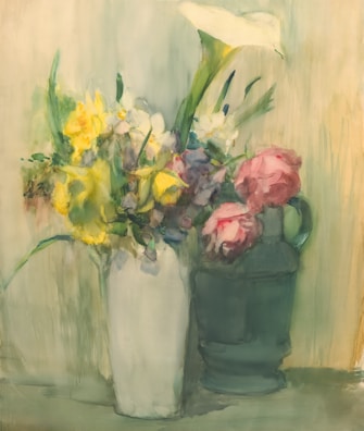 A watercolor painting featuring a vibrant floral arrangement in two vases. The flowers are a mix of yellow, pink, and white blooms with green leaves. The background is softly blended in shades of green and beige, complementing the delicate and expressive nature of the flowers.