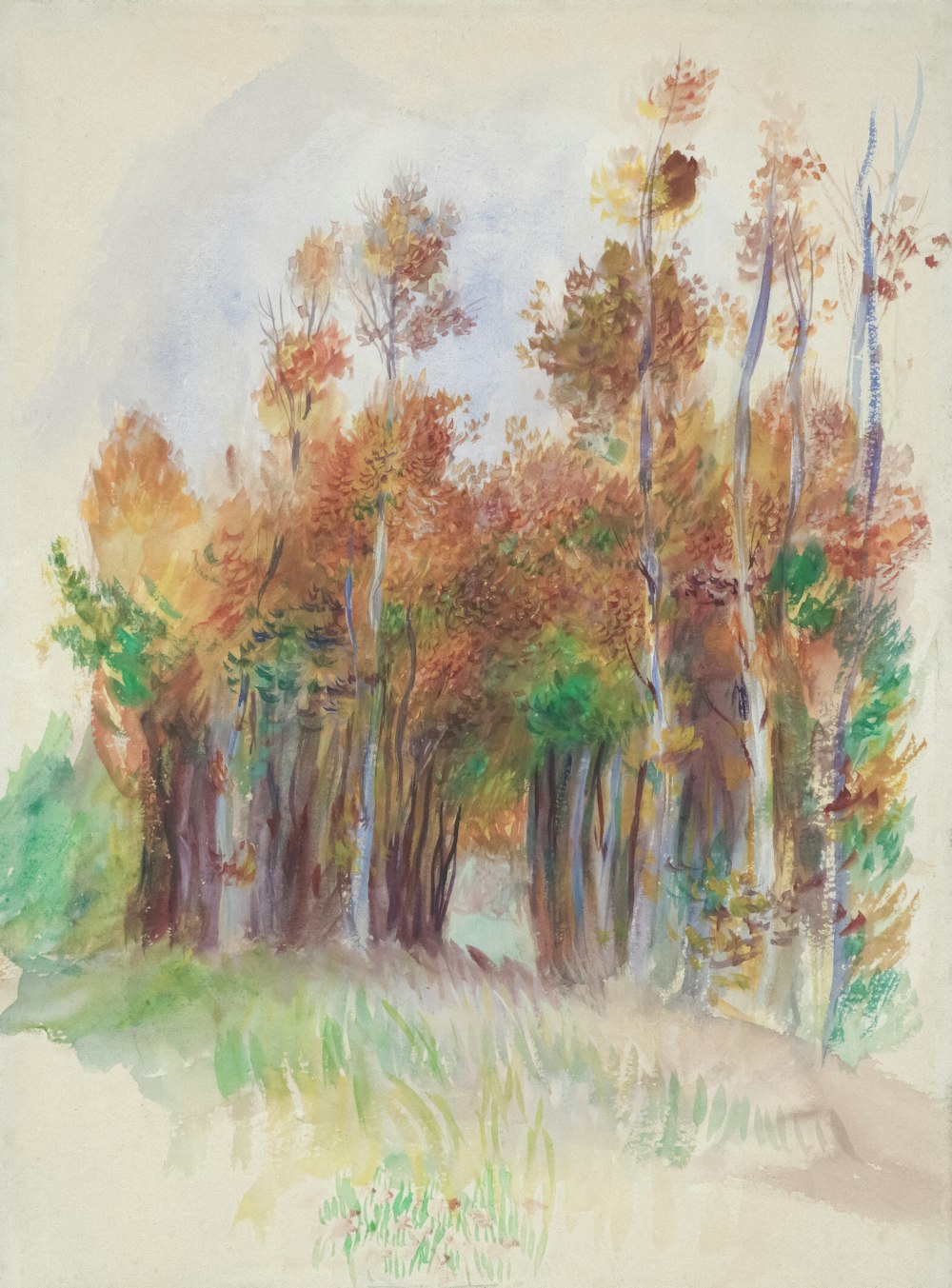 a painting of a forest with lots of trees