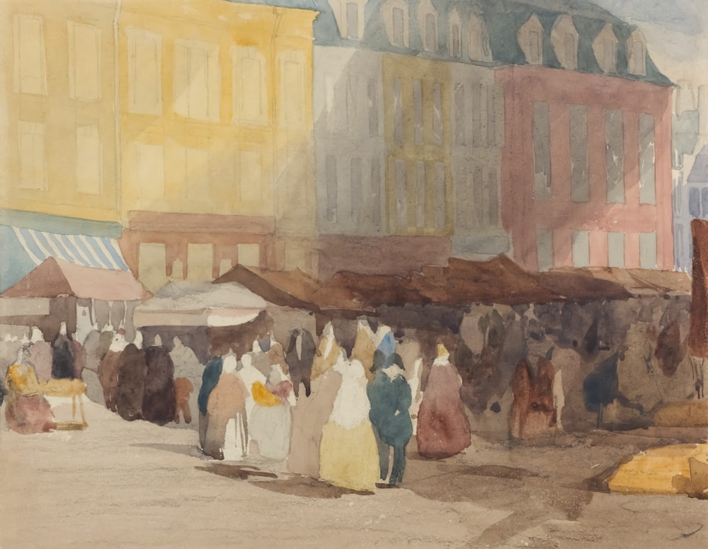 une peinture d’une foule de personnes marchant autour d’un marché