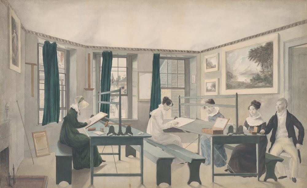 a drawing of a room with people sitting at a table