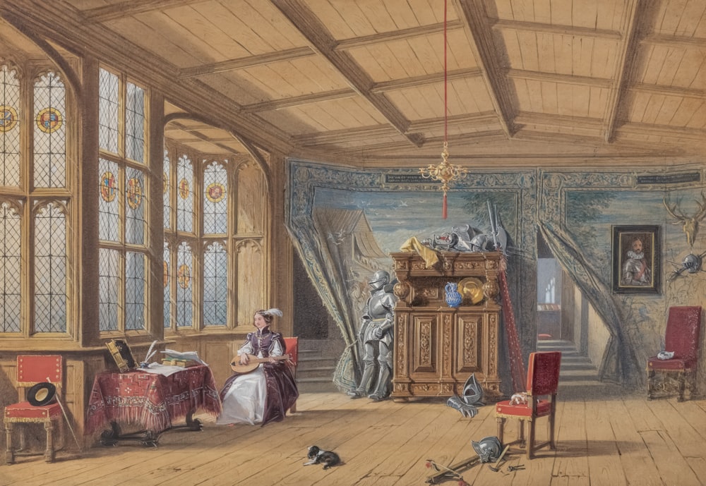 a drawing of a woman sitting in a room