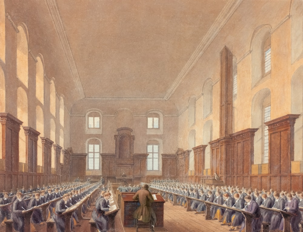 a painting of a courtroom full of people