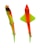 Two brightly colored fishing lures are displayed, featuring a combination of neon orange and green hues. The lures have an aerodynamic shape with fish-like features and include visible hooks.